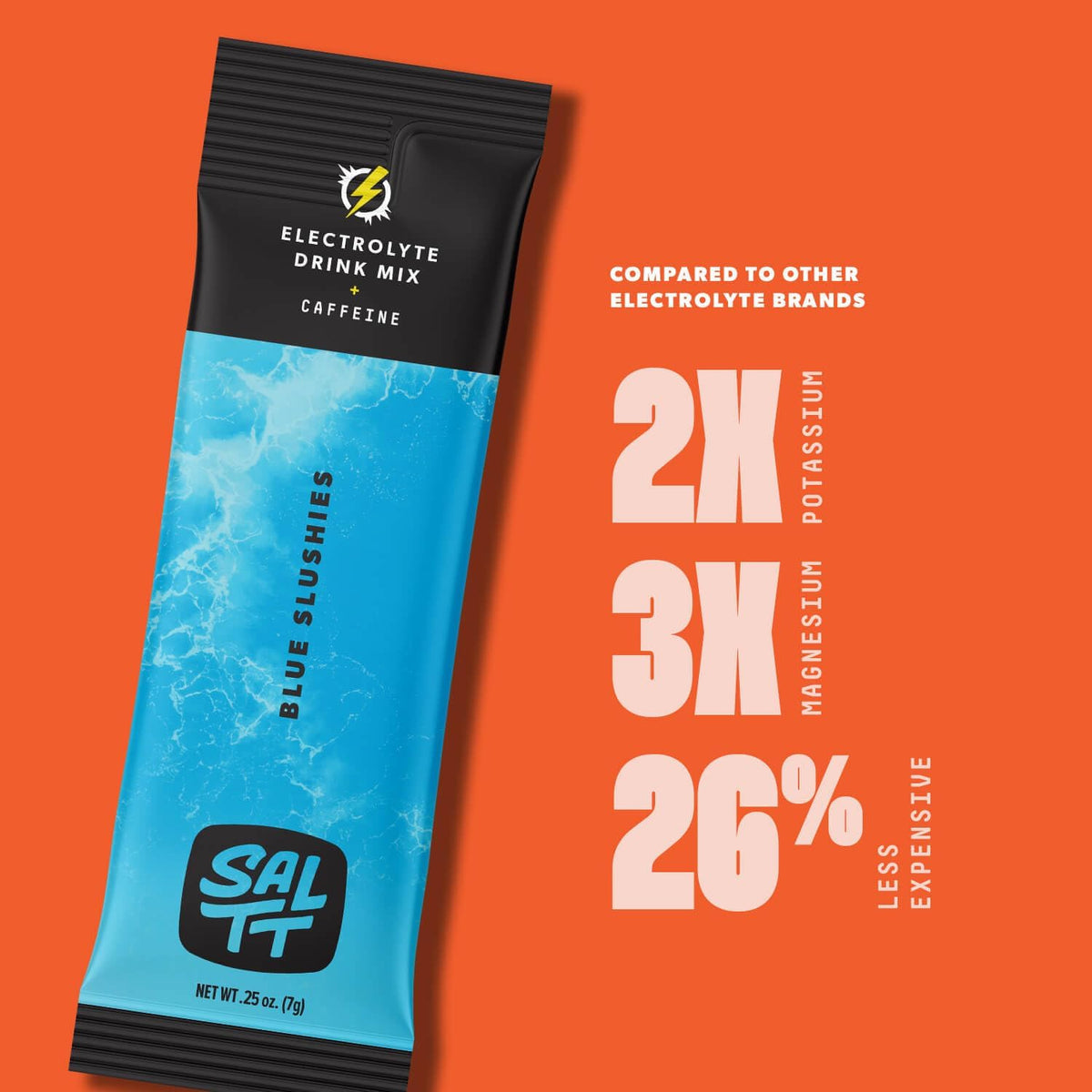 Keto Chow SALTT Electrolytes Powder Packets (Blue Slushies with 100mg Caffeine) 30 Stick Packs - Easy Dissolve, No Clumping - Essential Minerals - Hydration - Zero Sugar - Gluten Free, Vegan & Kosher
