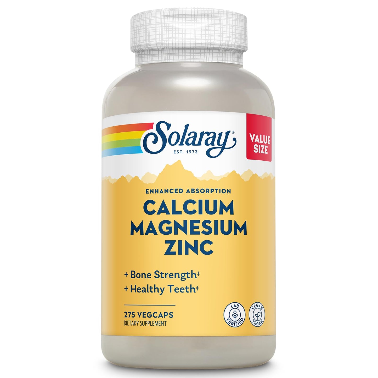 SOLARAY Calcium Magnesium Zinc Supplement - with Calcium 1000mg, Magnesium 500mg - Bone Health, Muscle Function, Heart Health and Immune Support - Vegan, 60 Day Guarantee, 68 Servings, 275 VegCaps