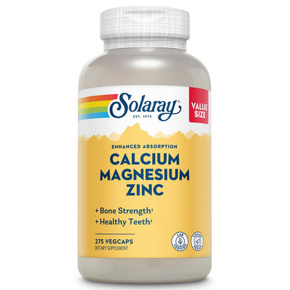SOLARAY Calcium Magnesium Zinc Supplement - with Calcium 1000mg, Magnesium 500mg - Bone Health, Muscle Function, Heart Health and Immune Support - Vegan, 60 Day Guarantee, 68 Servings, 275 VegCaps