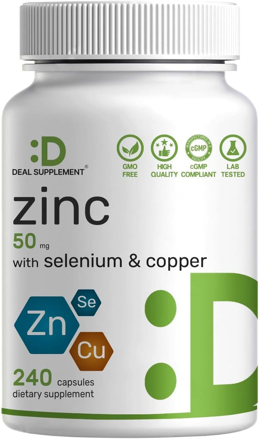 Zinc Picolinate 50mg with Copper & Selenium, 240 Capsules | 3-in-1 High Absorption Mineral Complex | Chelated Zinc Supplement for Immune Support* | 8 Month Supply