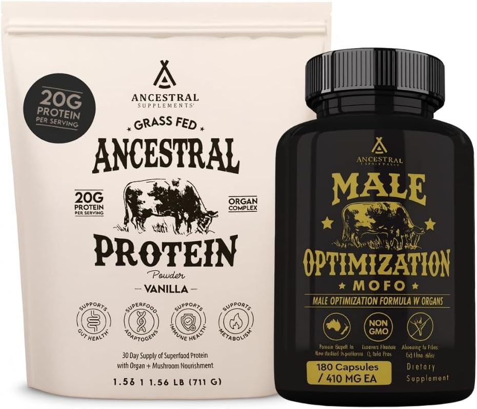 Ancestral Supplements MOFO & Vanilla Protein Bundle for Men – Supports Strength, Energy, Hormone Health & Recovery – Grass Fed Beef Organ Blend with 20g Protein, Gut Health Support & Organic Mushrooms