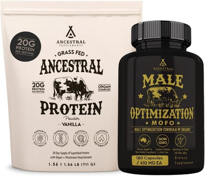Ancestral Supplements MOFO & Vanilla Protein Bundle for Men – Supports Strength, Energy, Hormone Health & Recovery – Grass Fed Beef Organ Blend with 20g Protein, Gut Health Support & Organic Mushrooms