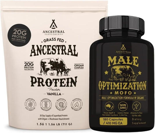 Ancestral Supplements MOFO & Vanilla Protein Bundle for Men – Supports Strength, Energy, Hormone Health & Recovery – Grass Fed Beef Organ Blend with 20g Protein, Gut Health Support & Organic Mushrooms