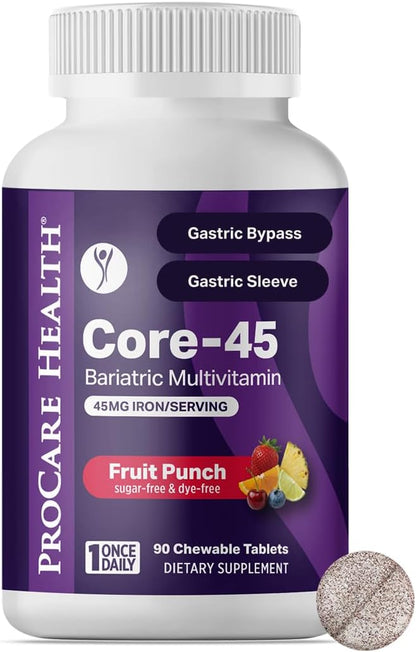 Core-45 Bariatric Multivitamin | Fruit Punch | Chewable | 90ct | Once Daily Bariatric Multivitamin with Iron 45mg Chewable Tablets for Gastric Bypass, Sleeve & Post-Op Support - Made in USA