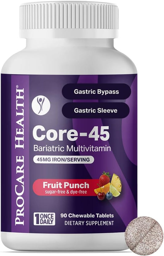Core-45 Bariatric Multivitamin | Fruit Punch | Chewable | 90ct | Once Daily Bariatric Multivitamin with Iron 45mg Chewable Tablets for Gastric Bypass, Sleeve & Post-Op Support - Made in USA