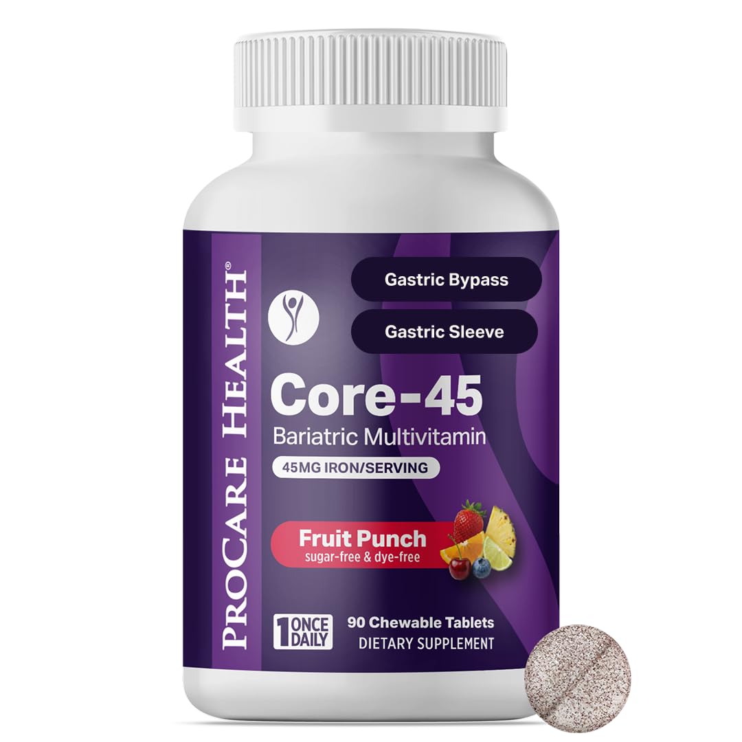 Core-45 Bariatric Multivitamin | Fruit Punch | Chewable | 90ct | Once Daily Bariatric Multivitamin with Iron 45mg Chewable Tablets for Gastric Bypass, Sleeve & Post-Op Support - Made in USA