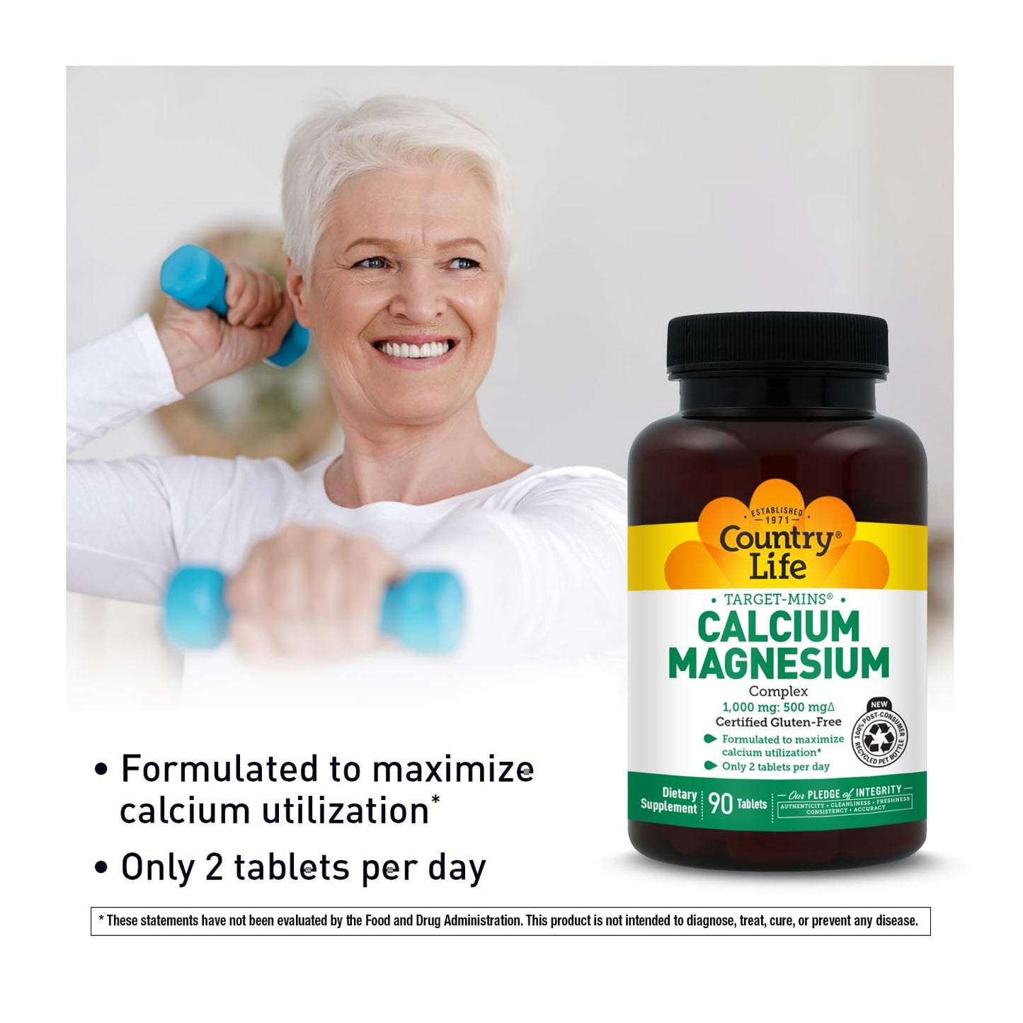 Country Life Target-Mins Calcium Magnesium Supplement for Bone Health, 1000mg Calcium, 500mg Magnesium, Gluten Free, 2:1 Ratio for Optimal Utilization