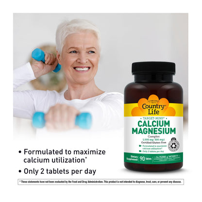 Country Life Target-Mins Calcium Magnesium Supplement for Bone Health, 1000mg Calcium, 500mg Magnesium, Gluten Free, 2:1 Ratio for Optimal Utilization