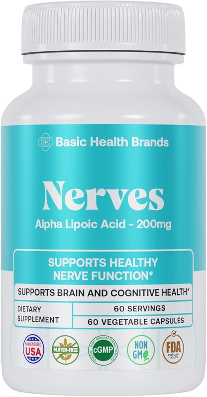 Basic Brands Nerves Alpha Lipoic Acid, 200 mg 1 Pack | Antioxidant, Immune Support, Eye Health Support, Heart Health Support, Nerve Health