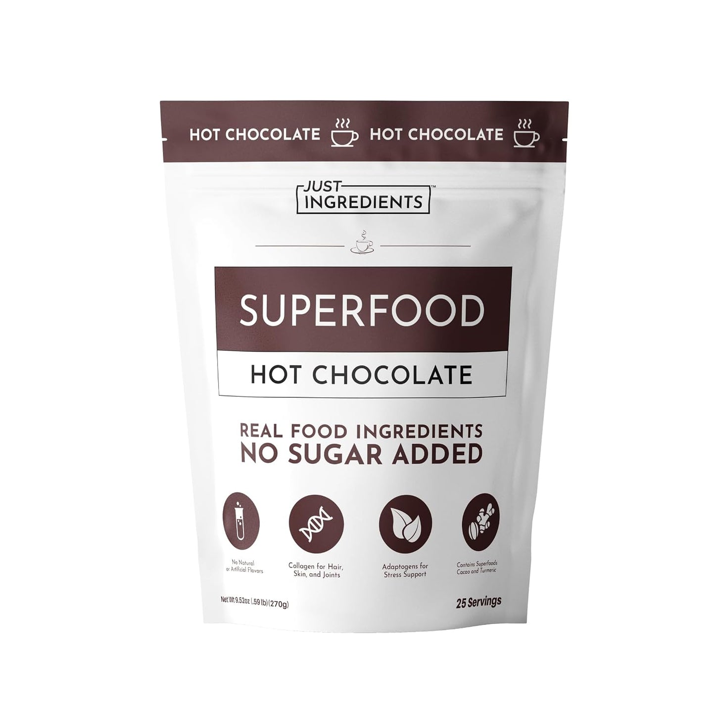JUST INGREDIENTS Superfood Hot Chocolate Powder - Collagen, Cacao, Ashwagandha, Turmeric, 25 Servings