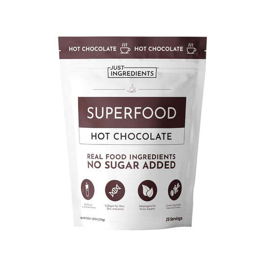 JUST INGREDIENTS Superfood Hot Chocolate Powder - Collagen, Cacao, Ashwagandha, Turmeric, 25 Servings