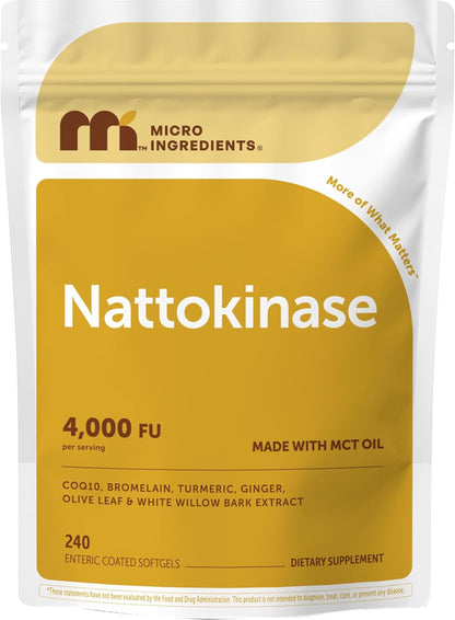 Micro Ingredients Nattokinase 240 Softgels, 200mg (4,000 FU) Per Serving | 7-in-1 Nattokinase Supplement with CoQ10, Bromelain, Turmeric, Ginger, Olive Leaf, & White Willow Bark | Non-GMO
