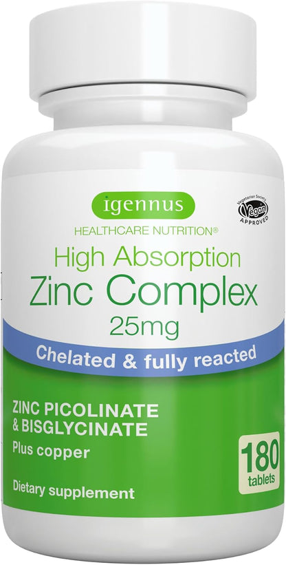 Igennus Chelated Zinc Complex 25mg with Copper, Picolinate & Bisglycinate | Fully Reacted, High Bioavailability & Gentle Digestion, Clean & Third-Party Tested, Immune & Skin Support, 6 Month Supply