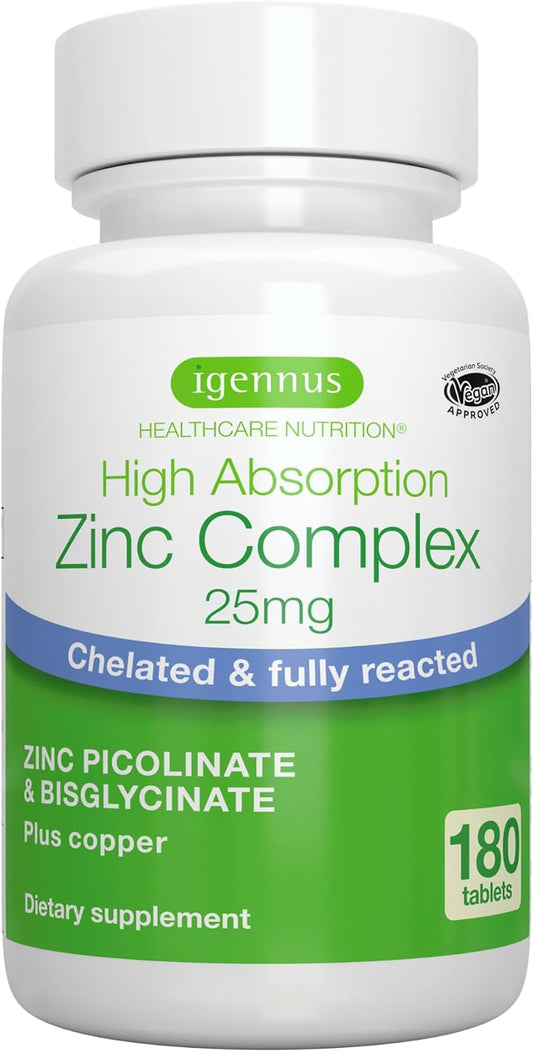Igennus Chelated Zinc Complex 25mg with Copper, Picolinate & Bisglycinate | Fully Reacted, High Bioavailability & Gentle Digestion, Clean & Third-Party Tested, Immune & Skin Support, 6 Month Supply