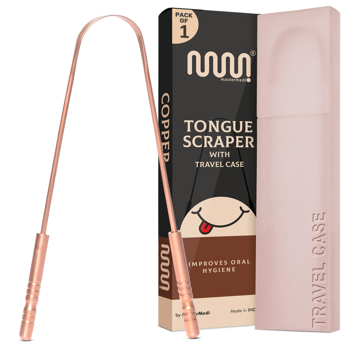 MasterMedi Tongue Scraper for Adults, 100% Stainless Steel Tongue Scrubber for Bad Breath, Easy to Use, Tongue Cleaner for Oral Care & Hygiene (SPTC-1|with Case)