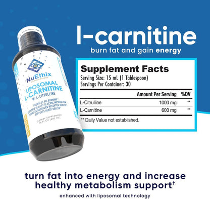 NuEthix Formulations Lipsomal L-Carnitine Supplement 600mg with L-Citrulline 1000mg for Healthy Weight Management, Fat Metabolism, Energy Production and Increased Blood Flow, for Men & Women