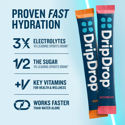 DripDrop Hydration Watermelon Orange Bundle, Electrolyte Packets, 64 Count | Watermelon, Orange; 3X Electrolytes; Potassium, Magnesium, Zinc, Vitamin C; Single Serve; Daily Use, Workouts, Travel