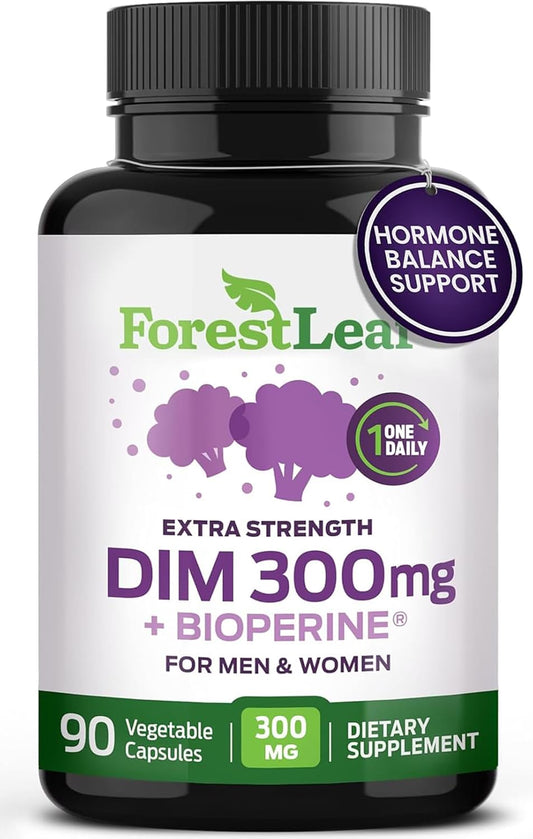 ForestLeaf DIM Supplement - 300mg DIM Estrogen Supplement for Women/Men - Diindolylmethane with BioPerine Black Pepper - Support for Detox, Metabolism, Hormone Balance & Menopause - 90 Caps