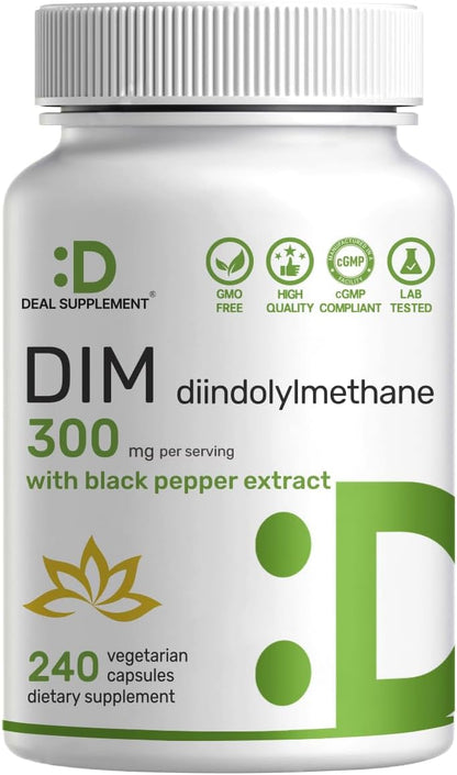 DIM Supplement 300mg with Black Pepper, 240 Vegetarian Caps, 4 Months Supply | 2-in-1 Dim Supplement for Women & Men | Diindolylmethane Plus Black Pepper Extract for Enhanced Absorption*