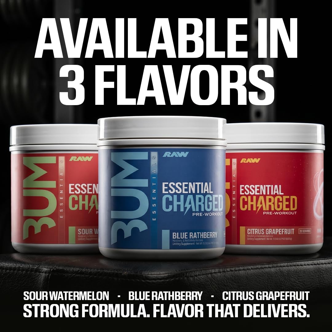 RAW Pre-Workout Powder, Essential CHARGED (Sour Watermelon) - Preworkout Supplement for Men & Women - Supports Focus, Mood & Performance - Caffeine, Alpha-GPC, L-Citrulline, Beta Alanine (25 Servings)