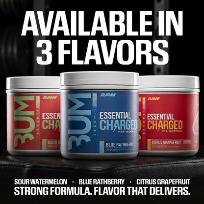 RAW Pre-Workout Powder, Essential CHARGED (Sour Watermelon) - Preworkout Supplement for Men & Women - Supports Focus, Mood & Performance - Caffeine, Alpha-GPC, L-Citrulline, Beta Alanine (25 Servings)