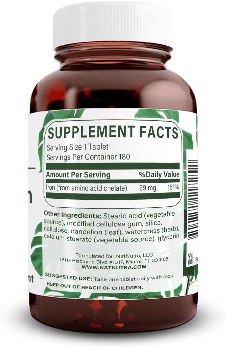 Natural Nutra Chelated Iron Supplement for Men & Women, Nails Health, Promotes Optimal Absorption, Helps Enhance Iron Level, Maintain Body Fulid, Help to Improves Hair Growth, Skin Health, 180 Tablets
