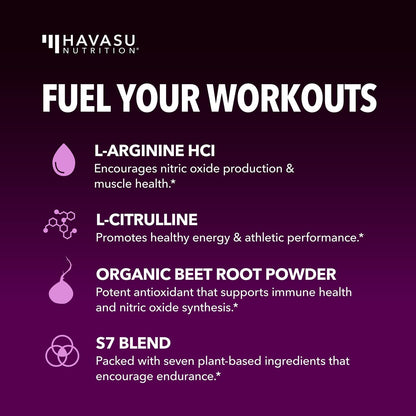 L-Arginine with L-Citrulline Powder, Nitric Oxide Supplement, Mixed Berry | Vegan, Non-GMO Pre and Post Workout Support Powder for Endurance & Recovery, L-Arginine, L-Citrulline, Beet-Root, 30 Servings