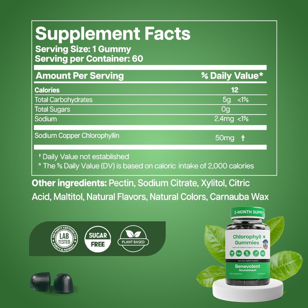 Benevolent Nourishment Chlorophyll Supplement, Detox & Immune Support, Internal Deodorizer, Gummies