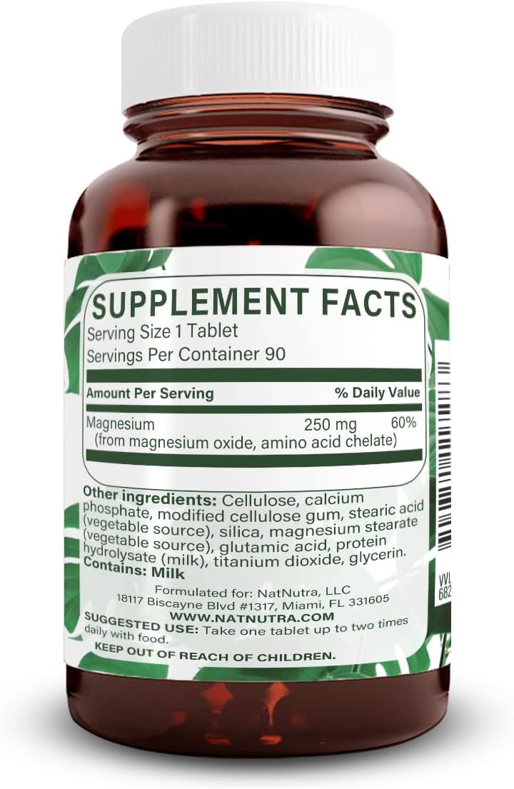 Natural Nutra Chelated Magnesium Oxide 250mg- High Absorption for Strong Bones, Heart Health, Improves Dental Health, Energy Boost, Gluten-Free, Non-GMO, 90Tablets in BPA-Free Recyclable Glass Bottles