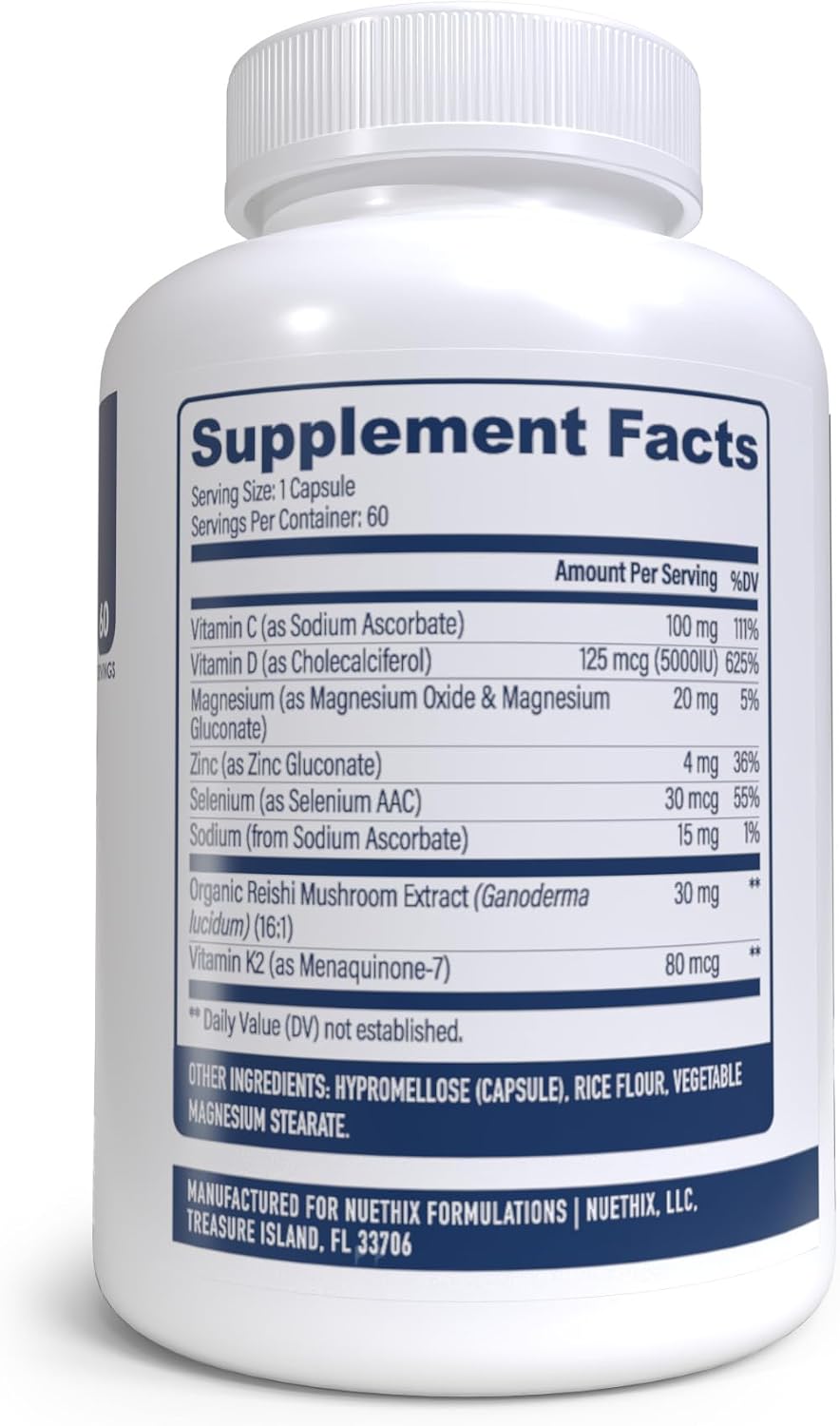 NuEthix Formulations NU-D3 + K2 - Vitamin D3 and K2 5000 iu Supplements - Packed with Reishi Mushroom, Magnesium, & Zinc - 60ct, 60 Servings - Made in USA Products Only