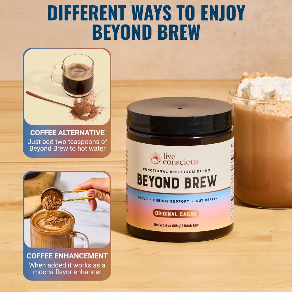 Live Conscious Beyond Brew - Coffee Alternative - Low Caffeine - Mushroom Complex w/Lion’s Mane, Reishi, Cordyceps & Chaga for Sustained Focus, Energy & Immunity - w/Prebiotics & Probiotics - 30
