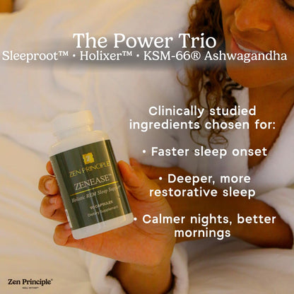 Zen Principle Zenease Sleep Support with Magnesium Glycinate, Ashwagandha KSM-66®, Saffron, L-Theanine & GABA – No Melatonin, Natural Stress Relief & Sleep Aid. 90 Capsules