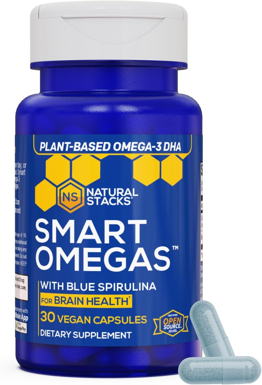 Smart Omegas Algae Omega 3 with Blue Spirulina and DHA, 30 Capsules | Plant based algae oil with 200mg DHA. Fish oil free antioxidant support for brain and heart. Vegan friendly.