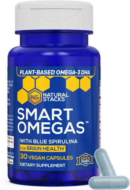 Smart Omegas Algae Omega 3 with Blue Spirulina and DHA, 30 Capsules | Plant based algae oil with 200mg DHA. Fish oil free antioxidant support for brain and heart. Vegan friendly.