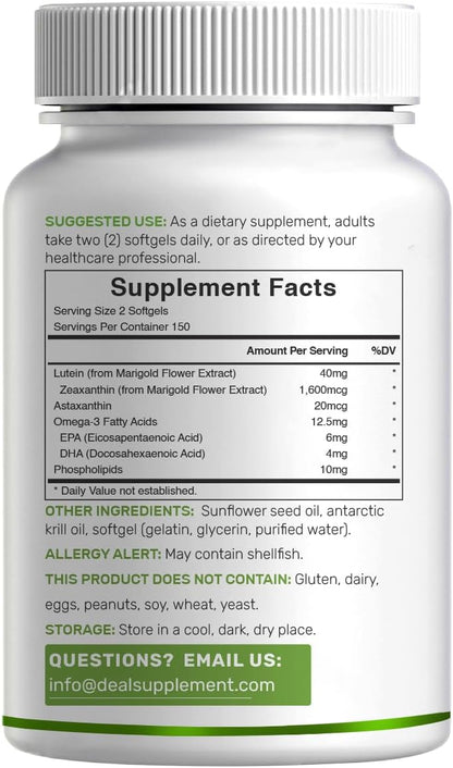 Lutein and Zeaxanthin Supplements, 40mg Per Serving, 300 Softgels – Plus Astaxanthin, Omega-3s, & Phospholipids – Non-GMO