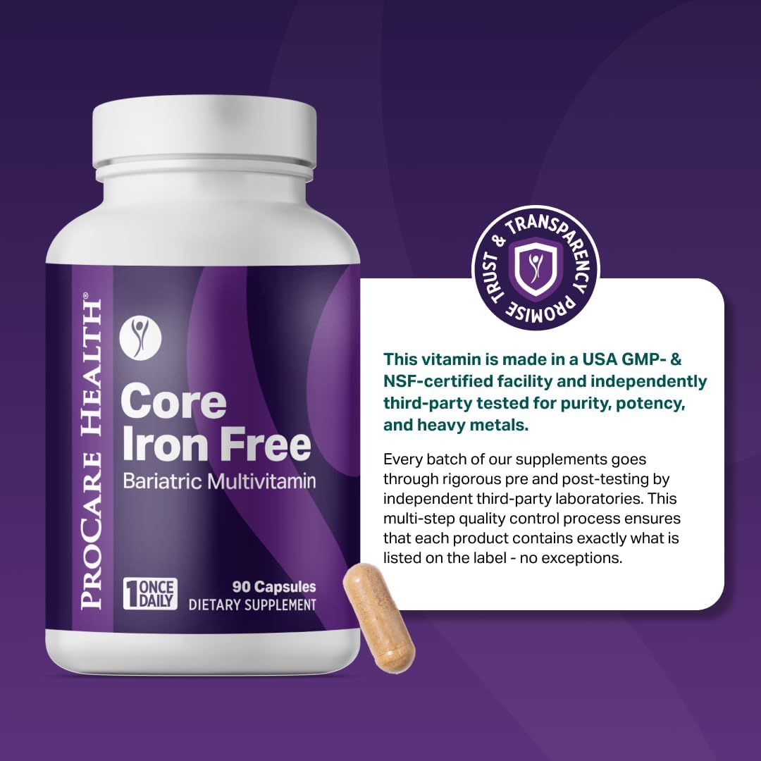 Core Iron Free Bariatric Multivitamin | Capsule | 30ct | Bariatric Vitamins for Gastric Sleeve & Gastric Bypass, Bariatric Multivitamin Without Iron, Fast Dissolving Veggie Capsules