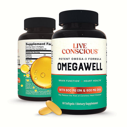 Live Conscious OmegaWell Omega 3 Fish Oil - 2000mg Capsules: Heart, Brain, & Joint Support - 800 mg EPA 600 mg DHA - Sustainably Sourced - Softgels - 30 Day Supply