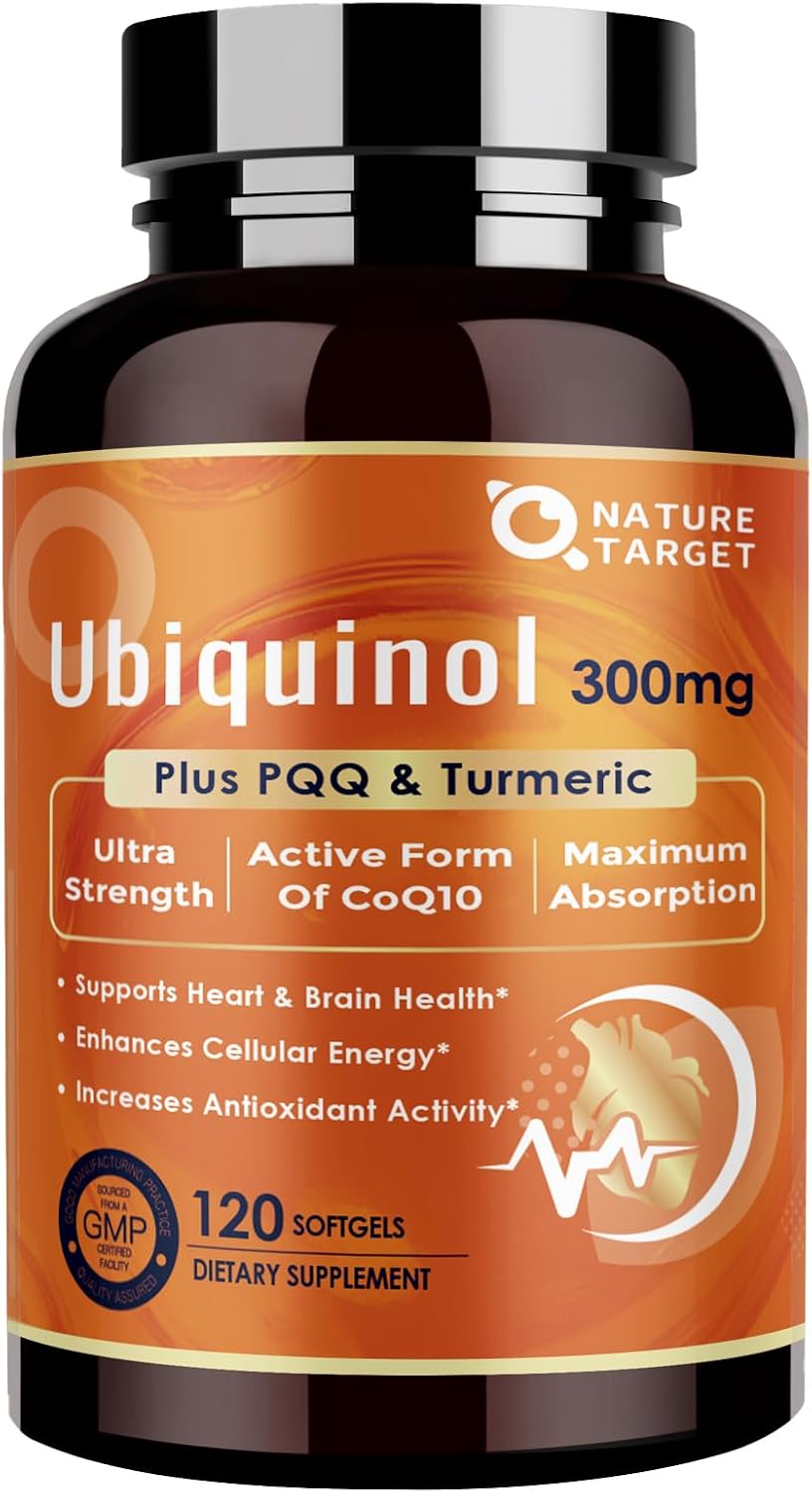 NATURE TARGET Ubiquinol CoQ10 300mg with PQQ & Turmeric, 120 Count | High Absorption Coenzyme Q10 with ALA & Black Pepper, Supports Antioxidant for Brain Health, Energy Production