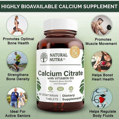 Natural Nutra Calcium Citrate with Vitamin D3 120 Tablets | Supplement for Bone Strength, Promotes Muscle Movements & Bone Health, Boosts Heart Health, Ideal for Active Seniors