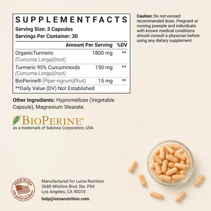Luma Nutrition Turmeric Supplement Curcumin with Black Pepper - 90 Capsules