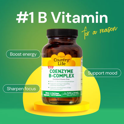 Country Life Coenzyme B-Complex, 120 Capsules | Supports Energy & Metabolism, Mood & Cognitive Function, Vegan, Gluten-Free, Bioavailable B Vitamins with Choline