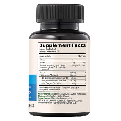 DAIKEN Mini Fish Oil 1200 mg, rTG Omega 3 1000mg, 60 Softgels, High Absorption & Burpless Fish Oil for Healthy Heart, Brain and Dry Eyes Support (Pack of 2)