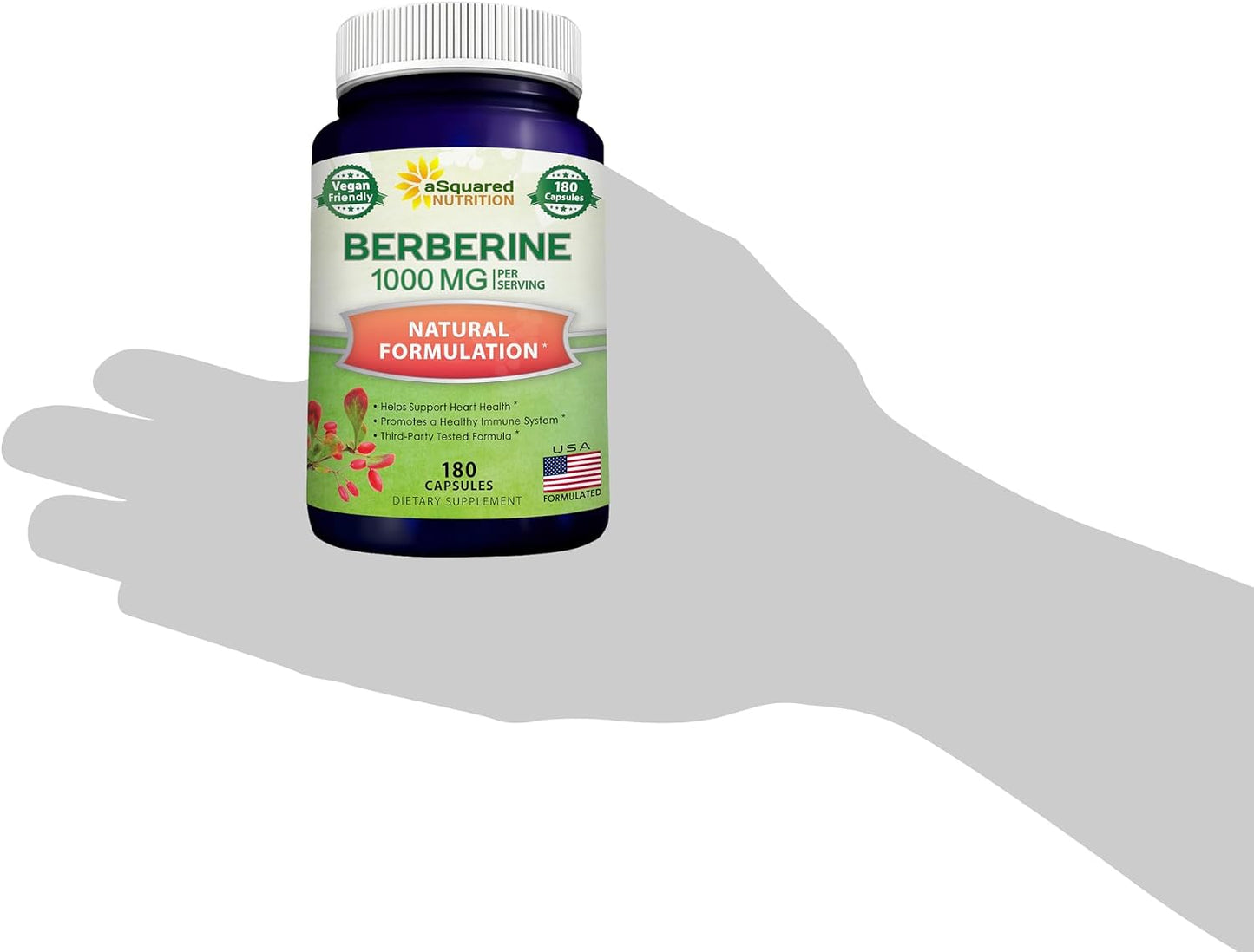 aSquared Nutrition Pure Berberine 1000mg Supplement - 180 Veggie Capsules, Natural Berberine Hydrochloride HCL Plus, Max Strength 1000 mg (2X 500mg), Potent Berberine Vegan Extract