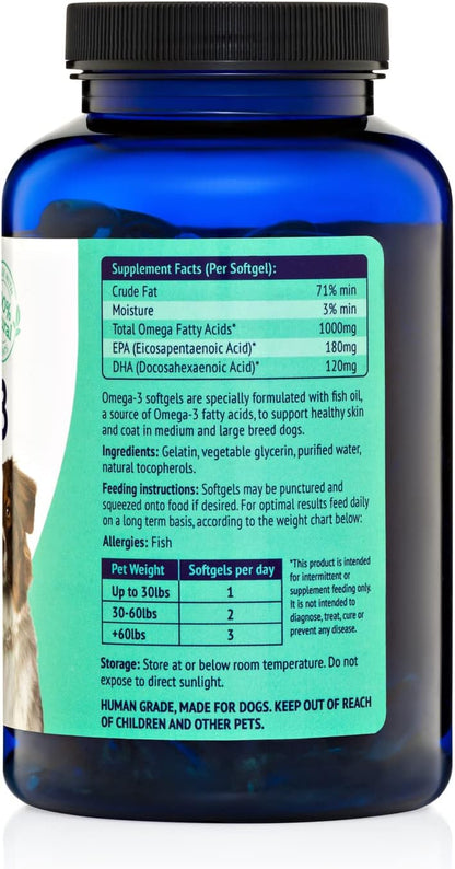 Pure Omega 3 Fish Oil for Dogs, Wild Caught from Iceland, Skin and Coat Supplement for Shedding, Dry Itchy Skin and Allergies, Rich in EPA + DHA with Omega 3, 6 & 9 Fatty Acids, 1000mg, 180 Capsules