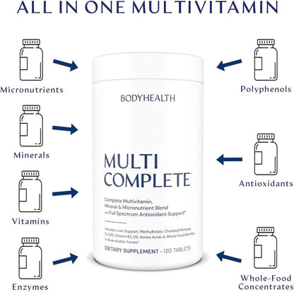 BodyHealth Multi Complete (120 Ct) Daily Multivitamin for Men and Women with Whole Foods, Minerals, Antioxidants, Organic Green Food Concentrates, and Liver Detox Extracts, Non GMO