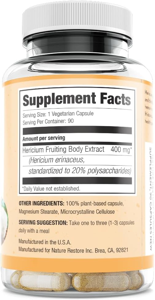 Nature Restore Hericium Erinaceus Lion’s Mane Mushroom Extract Capsules. Standardized High Polysaccharides for Brain Fog, Memory & Focus Support. Bioavailable Fruiting Body Nootropic, 90 Capsules