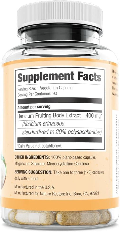 Nature Restore Hericium Erinaceus Lion’s Mane Mushroom Extract Capsules. Standardized High Polysaccharides for Brain Fog, Memory & Focus Support. Bioavailable Fruiting Body Nootropic, 90 Capsules
