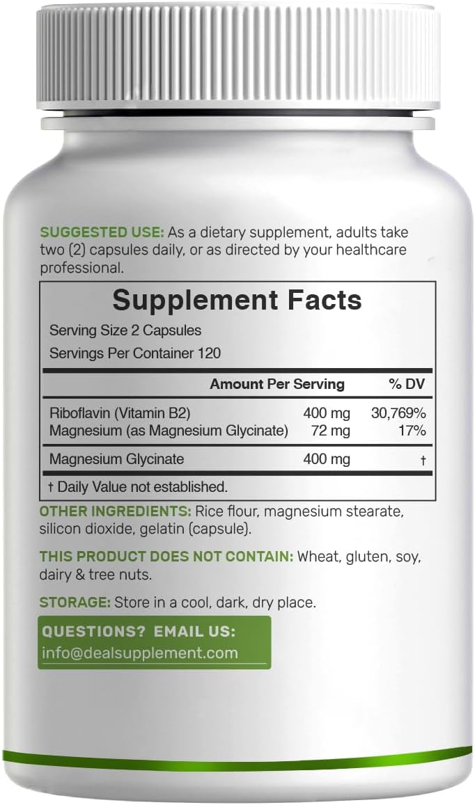 DEAL SUPPLEMENT Vitamin B2 400mg (Riboflavin) | with Magnesium Glycinate 400mg, 240 Capsules – 2 in 1 Support Healthy Nervous System, Mood, Blood & Energy Production, Non-GMO