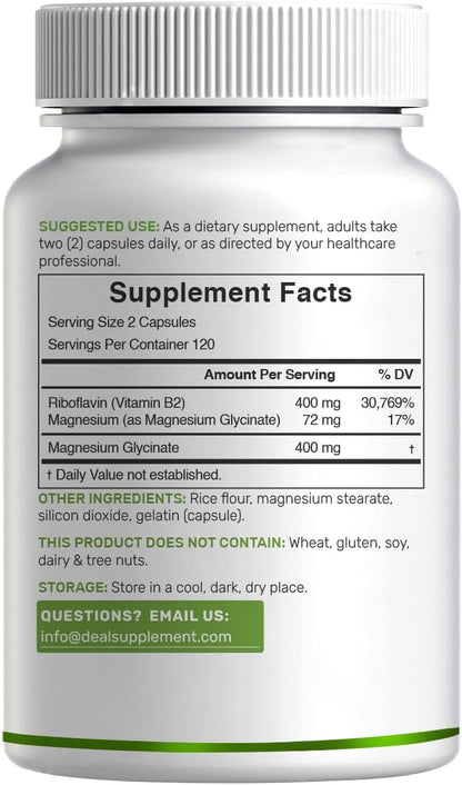 DEAL SUPPLEMENT Vitamin B2 400mg (Riboflavin) | with Magnesium Glycinate 400mg, 240 Capsules – 2 in 1 Support Healthy Nervous System, Mood, Blood & Energy Production, Non-GMO
