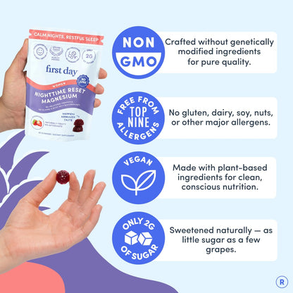 FIRST DAY Magnesium Gummies for Women, L-Theanine, Melatonin-Free, 60ct | Vegan strawberry Magnesium for Women, citrate, L-theanine and Zembrin; melatonin-free nighttime relaxation support.